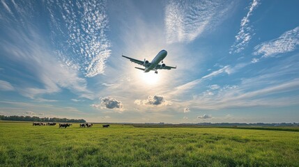 Plane flying above an open field with grazing cattle, under a big, blue sky filled with wispy clouds. Rural and calm
