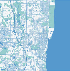 Map of Waukegan in Illinois in a professional blue style. Contains layered vector with roads water, parks, etc.