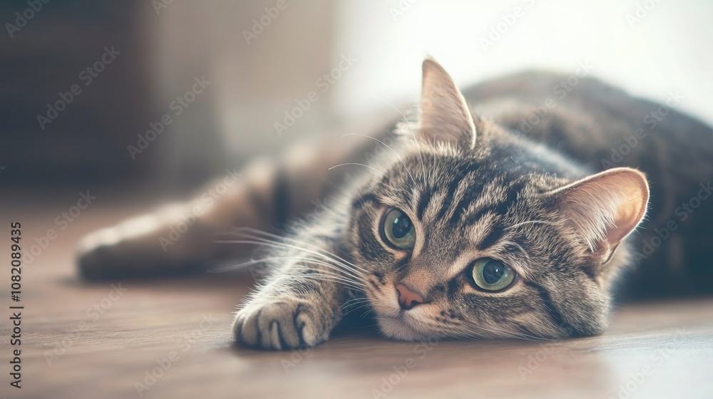 Wall mural A sad striped cat with green eyes lies on the floor gazing sideways in a quiet room during the afternoon light