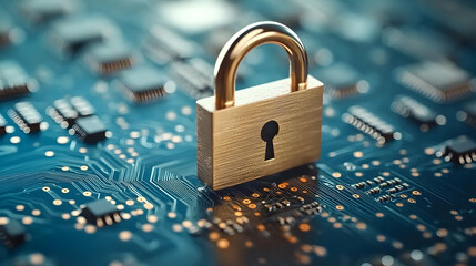 3D Render Cybersecurity Lock on Circuit Board