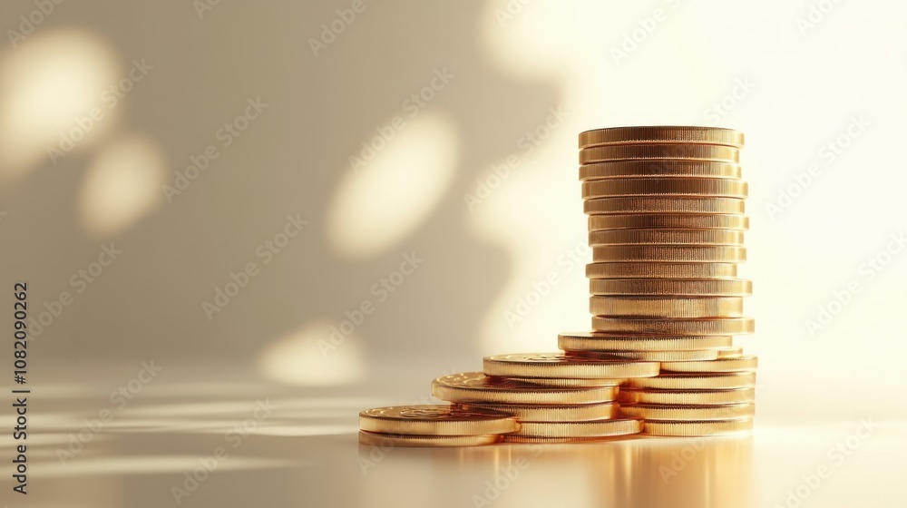 Poster a tower of golden coins stacked neatly on a bright surface, reflecting soft light and creating an el