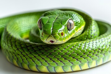 Fototapeta premium Side view of a green snake coiled in a graceful curve isolated on a white background. Generative AI