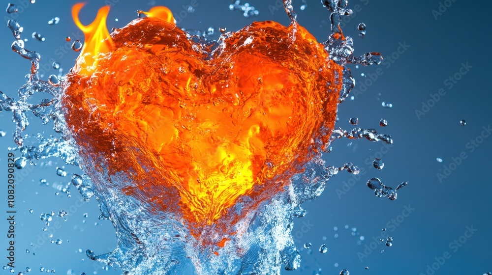 Poster heart shaped flame and water splash representing passion and emotion in a unique abstract compositio