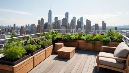 Fototapeta premium An urban rooftop garden with plants, natural wood furniture, and a view of the surrounding city skyline