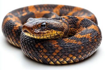 Obraz premium Side view of a coiled snake isolated on a pure white background. Cenerative AI