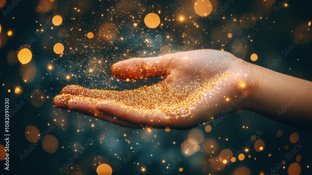 Poster close-up of a human hand holding sparkling golden glitter with soft bokeh background creating a magi