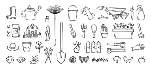 Fototapeta premium Gardener tools hand drawn doodle icons set. Hobby gardening. Garden items for plant care and backyard cleaning. Garden line clipart.