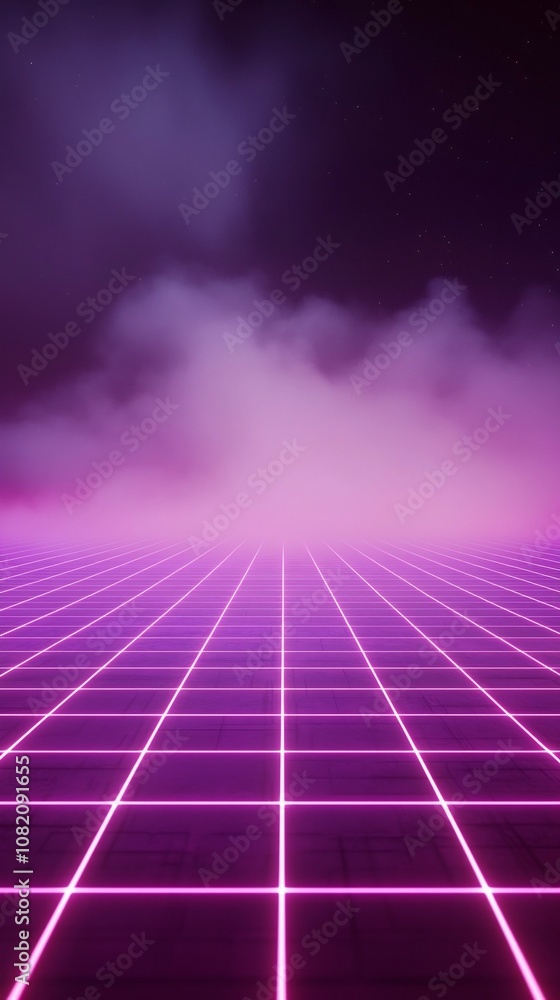 Poster glowing neon purple grid floor with misty backdrop for tech display concepts