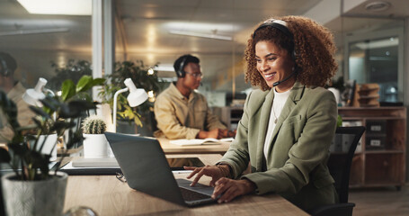 Happy woman, call center consultant and typing on laptop for telemarketing, support or business. Help, sales agent or employee on computer for customer service, contact us or crm at night on deadline