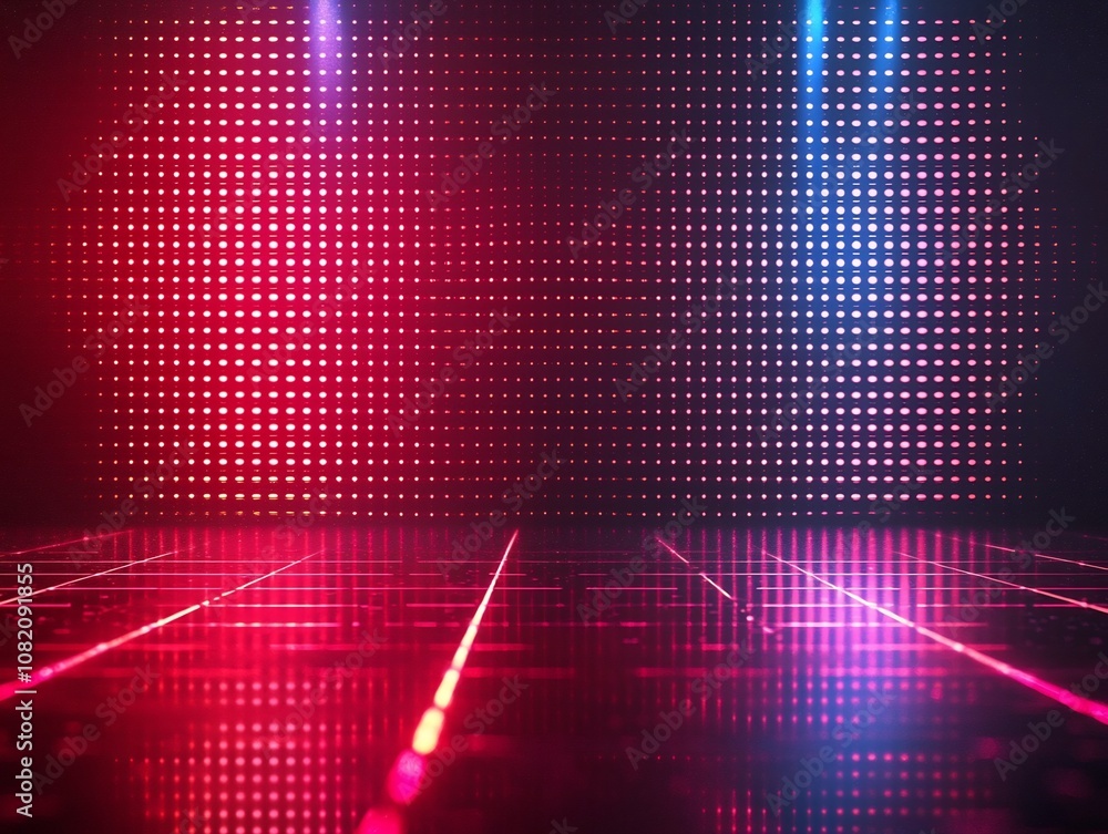Poster neon red grid with glitching effects retro tech inspired setting for gaming products and concept sho