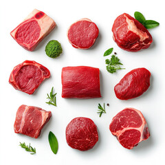 pieces of fresh, raw meat displayed in a grid, some adorned with green herbs,