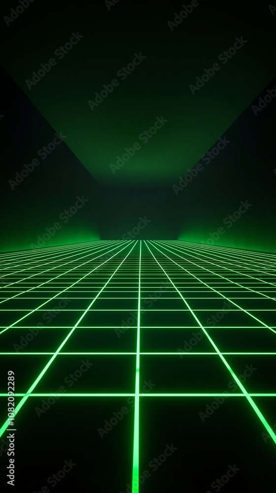 Poster vibrant neon green laser grid with glowing lines in dark background for product concept display