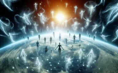 The afterlife, many souls above the planet in space