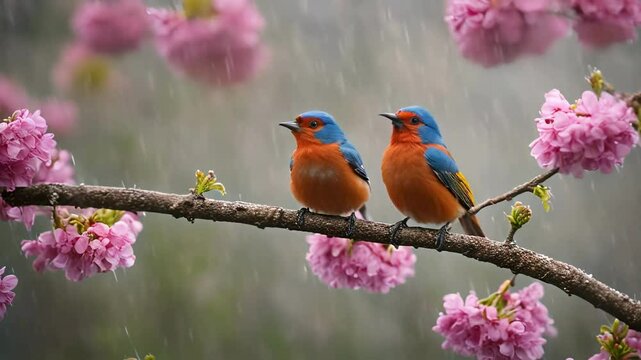 birds singing in rain, flowers in raining, nature animation, relaxing nature, nature videos, stock videos
