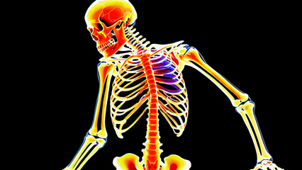 Detailed medical illustration of the human skeleton with X-ray effect, showcasing the anatomical structure of the skeletal system for medical research and educational materials