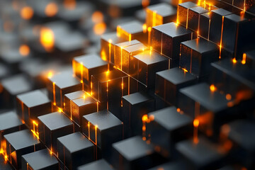 Fototapeta premium 3D Render Black Cubes Abstract Background with Orange Glow