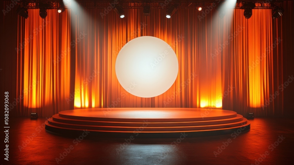 Poster Elegant stage setup with an illuminated circular backdrop creating a vibrant atmosphere, perfect for presentations, performances, and events in a modern setting.