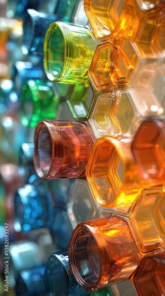 Poster colorful hexagonal containers arranged in a vibrant display.