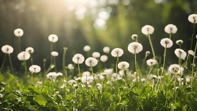 green grass and aurora in meadow, White flower, spring graphic design background, calming nature videos, relaxing nature videos, asmr videos, casting a magical and ethereal ambiance, stock videos	