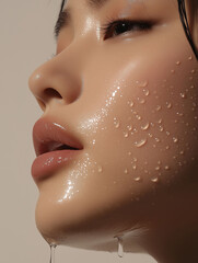 A close-up of a woman's glistening skin with water droplets, highlighting beauty and freshness during a skincare routine