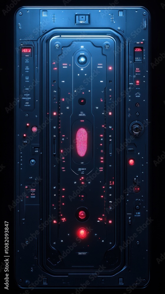 Poster futuristic control panel with glowing elements and intricate design.