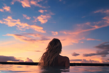 Fototapeta premium Silhouette of a woman enjoying a serene sunset view over water, creating a tranquil and peaceful atmosphere.