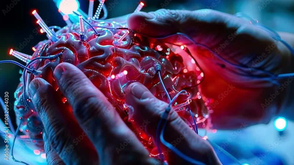 Poster scientist is examining a brain model with electrodes and wires attached, illuminated by red lights, 