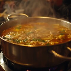 Close-up of Steaming Hot Pot with Meat and Vegetables.