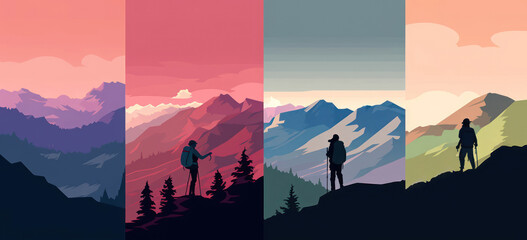 Fototapeta premium Silhouettes of hikers against colorful mountains, reflecting a serene and adventurous outdoor experience.