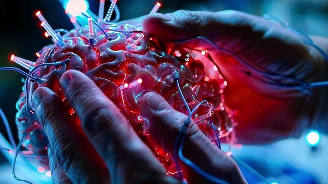 Scientist is examining a brain model with electrodes and wires attached, illuminated by red lights, suggesting research in neurotechnology and neural enhancement