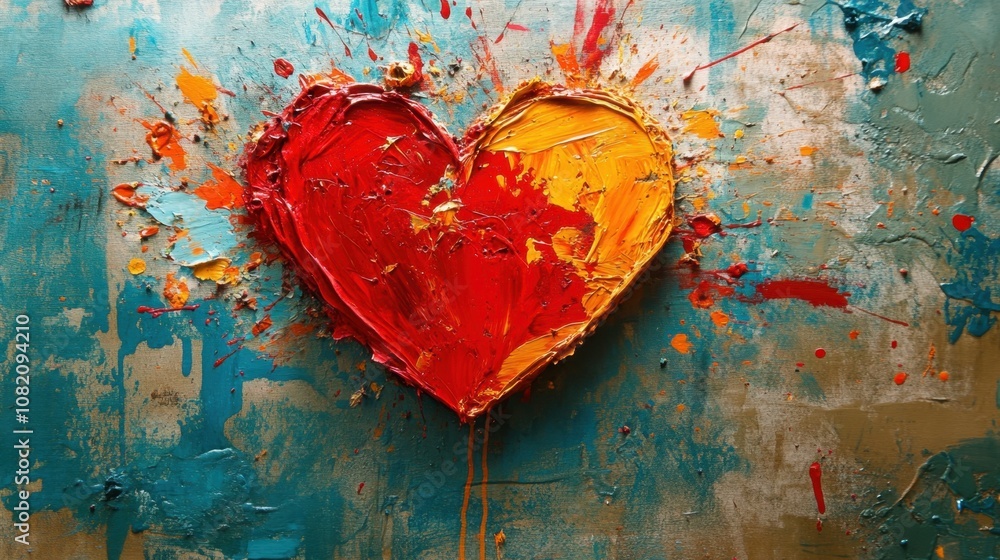 Poster vivid abstract art heart shape with bold colors and paint splashes on textured background evoking pa