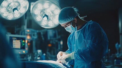 A surgeon performs surgery in an operating room, wearing a surgical gown, mask, and gloves.