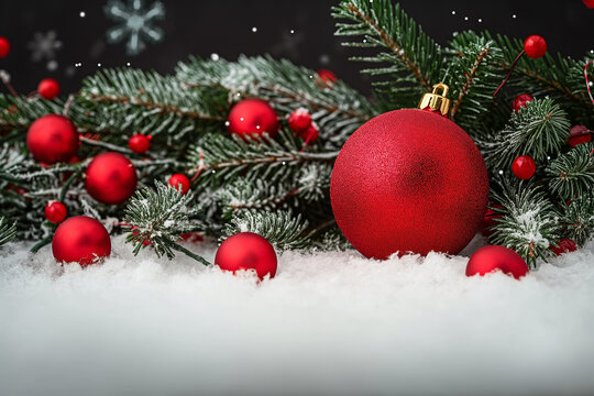 松の枝の横の雪の中に置かれた赤いクリスマスの飾り。