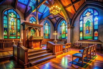 Obraz premium Inside the vibrant church, stained glass windows and a wooden pulpit radiate charm, enhanced by soft lighting that bathes the interior in a peaceful glow.