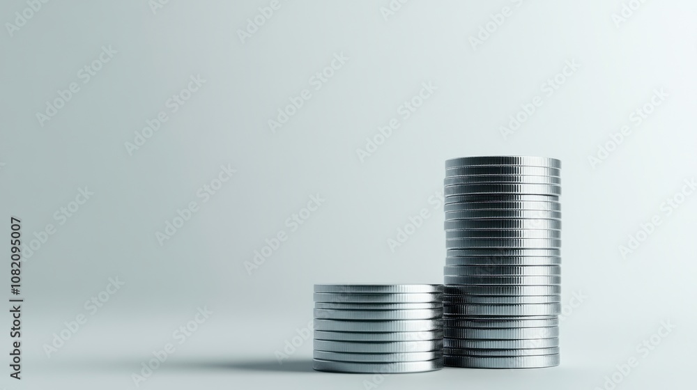 Poster stacks of shiny metallic coins arranged in an abstract pattern against a light gradient background, 