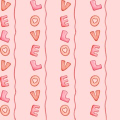 Love lettering seamless pattern for Valentine's Day on a pink background 