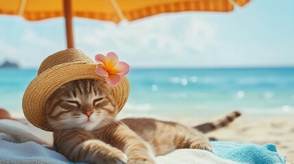 A tabby cat wearing a straw hat with a flower rests on a beach towel under a beach umbrella.