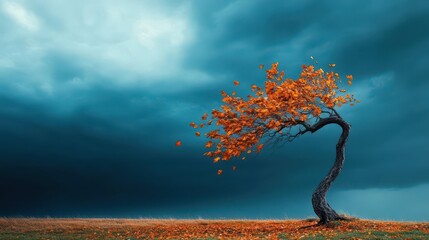 A tree leaning at an impossible angle defying gravity against a stormy sky windblown leaves fluttering dramatic side view sharp contrast lighting