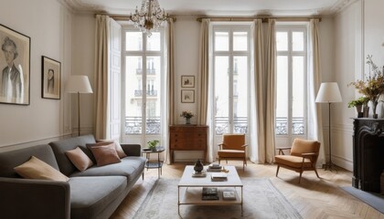 Fototapeta premium A chic Parisian apartment with vintage furniture, light curtains, and subtle art decor 