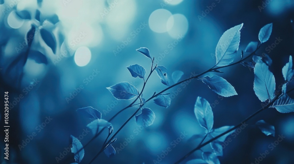 Poster ethereal blue leaves in soft focus with dreamy background of blurred bokeh lights, creating a serene