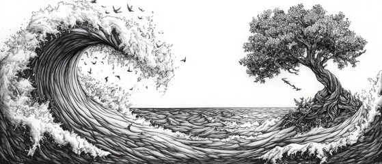 Fototapeta premium This artwork illustrates a powerful wave crashing alongside a firmly rooted tree, symbolizing the strength and beauty of nature in harmony