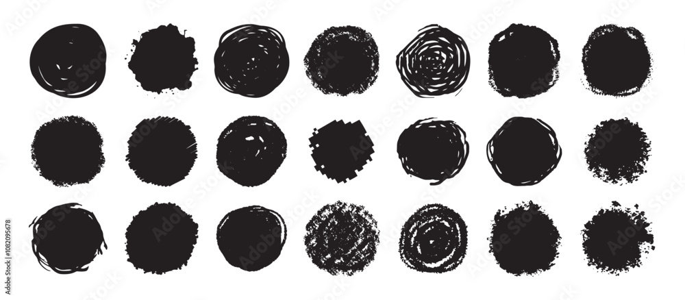 Poster round grunge scratch and textured ink brush strokes set. isolated vector black collection. dirty exp