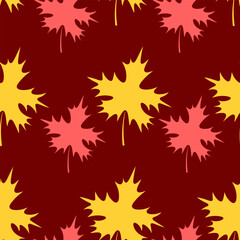 Maple leaf. Repeating vector pattern. Flat style. Isolated red background. Continuous ornament of yellow and red leaves. The shape of the leaf is crown-shaped. Idea for web design.