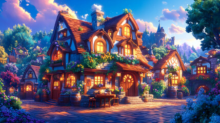 Obraz premium Illustration Whimsical Village Cottage, Flowers, Sunset