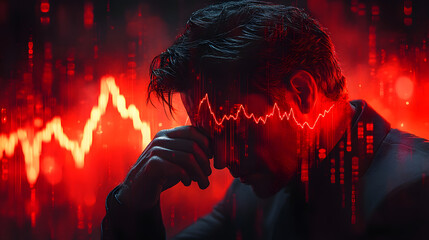 Economic crisis concept featuring a businessman under pressure, red graph falling sharply, hand on forehead signifying financial burden, workplace stress, and the emotional struggles of professional.
