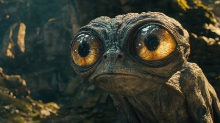 Mysterious Creature with Large Eyes Staring Curiously in a Fantasy Landscape Underneath Soft Natural Lighting and Surrounded by Natural Elements