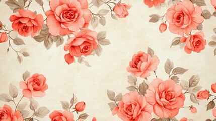 Delicate Floral Pattern Featuring Vibrant Coral Roses on a Soft Beige Background, Ideal for Interior Design and Fashion Applications, Evoking Elegance and Freshness