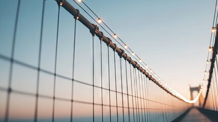 Obraz premium Suspension bridge deck close-up against a soft evening sky, with light reflecting off cables.