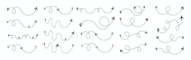 Airplane Route Dotted Line. Airplane line path route travel vector concept. Travel path icon set. Location for travel, dotted road  map with destinations. Vector illustration EPS 10
