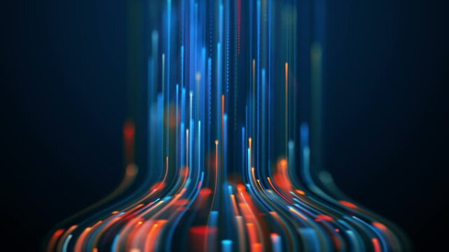 Connection cyberspace technology by particle lines stream data. Neon strips rising upwards abstract background 3D video seamless loop